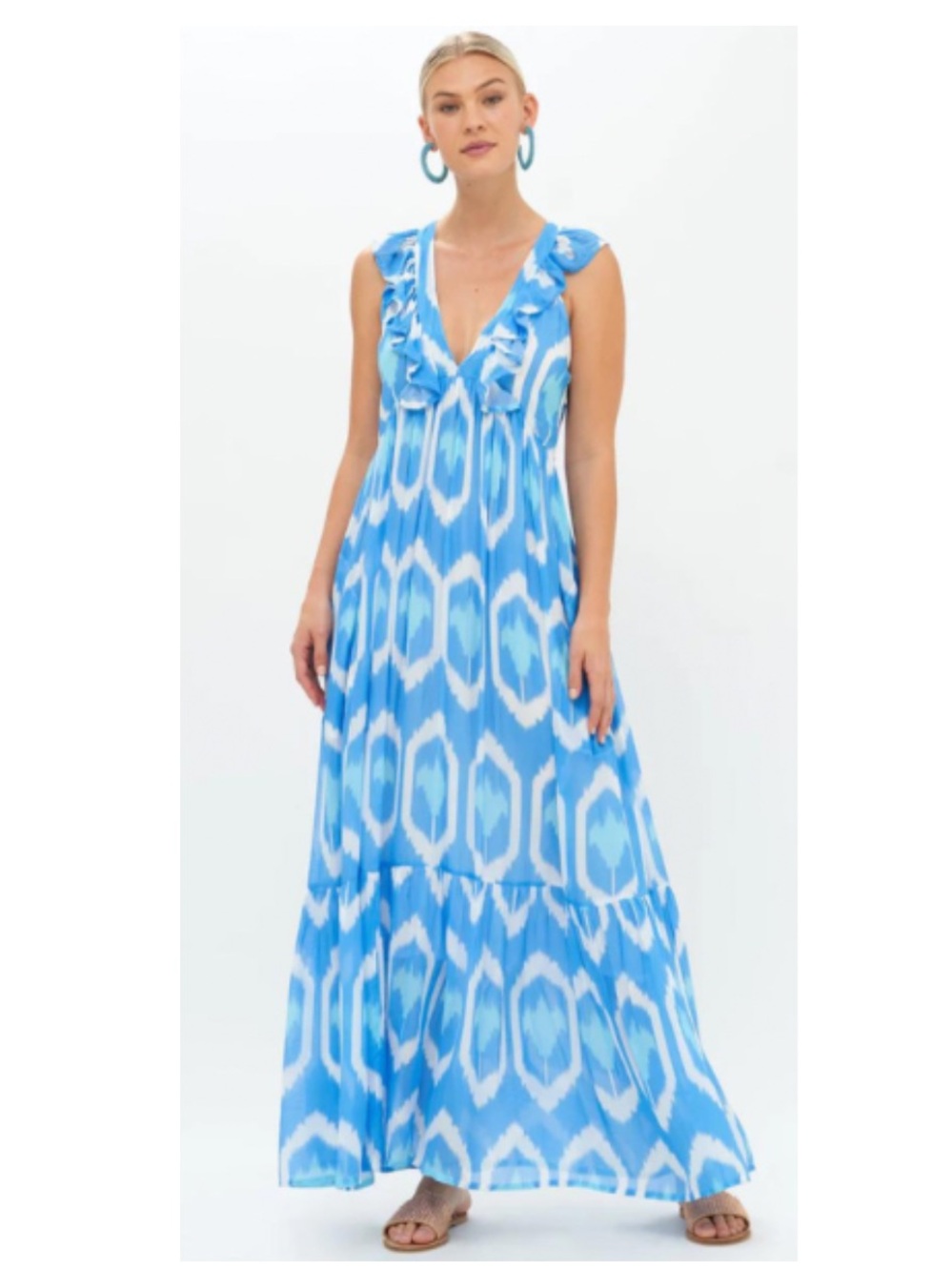 NWT Oliphant Odisha Ruffle V Neck Maxi Dress in Blue, Size S